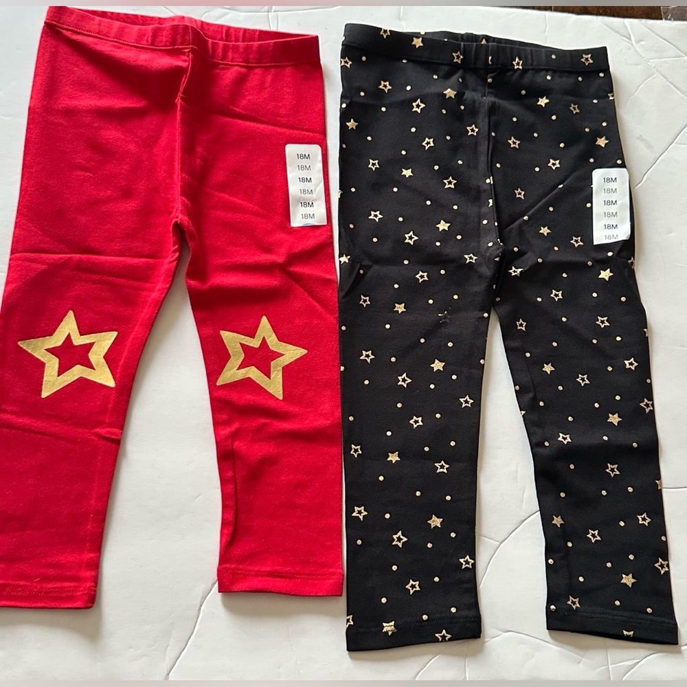 2 Set Lightning Bug Baby Star Print Leggings Set Red & Black Cotton Stretch 18 M